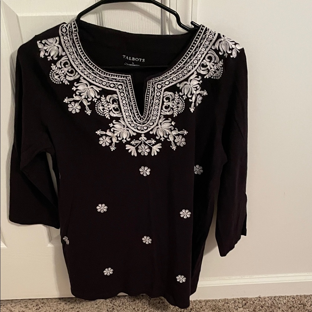 Talbots Black Top with White Floral Embroidery